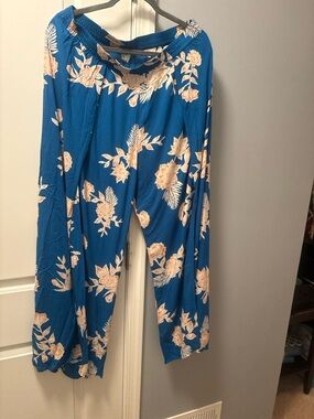 Roxy Blue Floral Wide Leg Pants Flowy Boho Size L